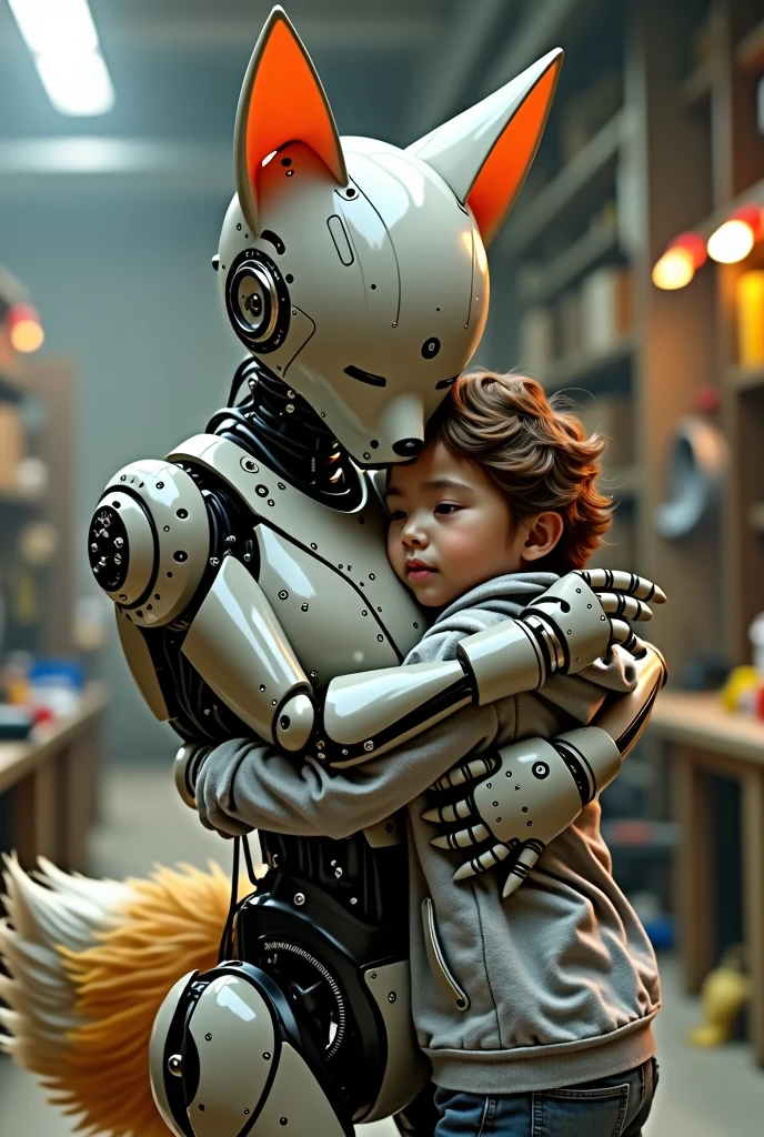 create a robot character under construction with fox ears and tail hugging a person younger than her