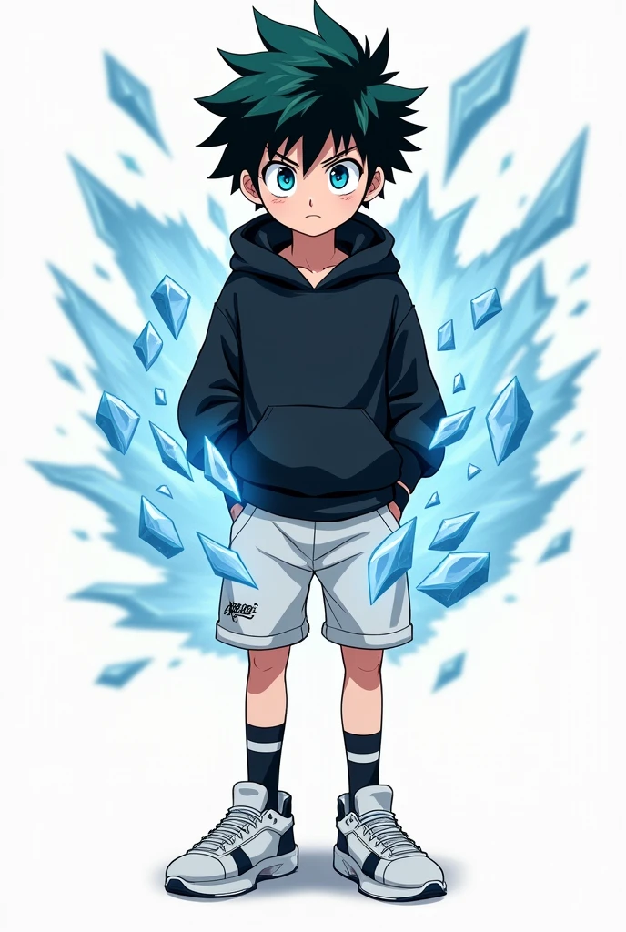 Anime boy in the style of My hero academia, who has black hair, blue colored eyes, black sweatshirt, shorts brancos, Black and White Socks, sapatos brancos, and with ice powers