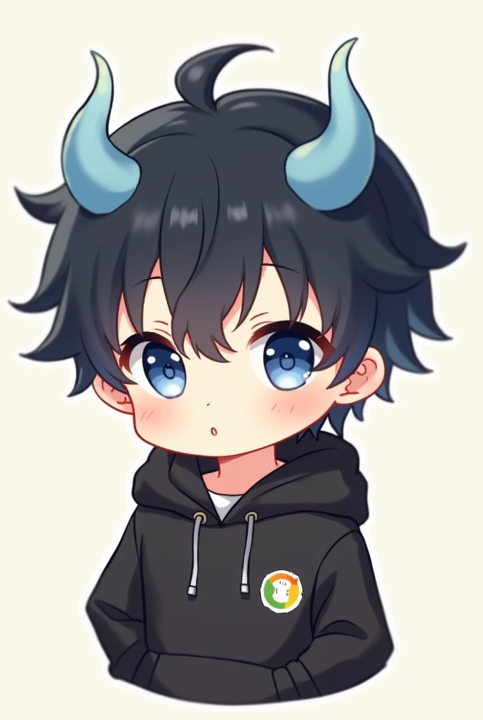 Cute Chibi Boy black hair blue eyes two blue horns with black hoodie Sticker