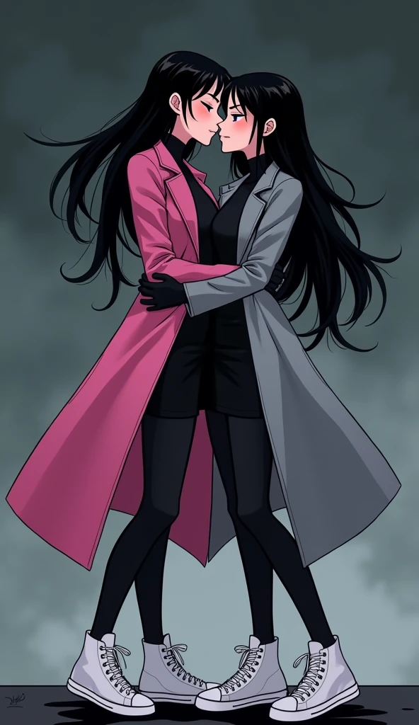Two young womens, long black hairs, yuri, vampire hunters, lesbian

The first young women black eyes wear a pink long coat, black shirt, black pencil skirt, black underpants, black tights, black gloves, white socks, white sneakers high top.

The second young women black eyes wore a grey long coat, black shirt, black pencil skirt, black underpants, black tights, black gloves, white socks, white sneakers high top.

hugging kiss, french kiss, kissing, closed eyes, black grey sky, night sky, cartoon novel, 4K, HD