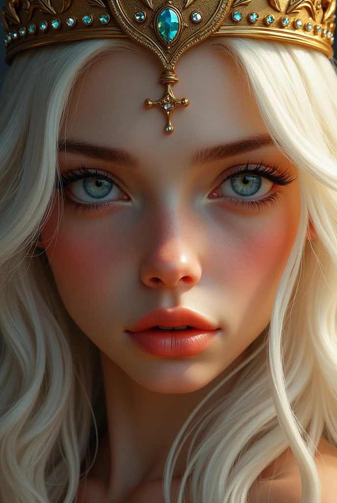 25 year old woman, Cabello blanco, Alas grandes, Mirada seductora, labios rojos, (Halo dorado), Desnuda