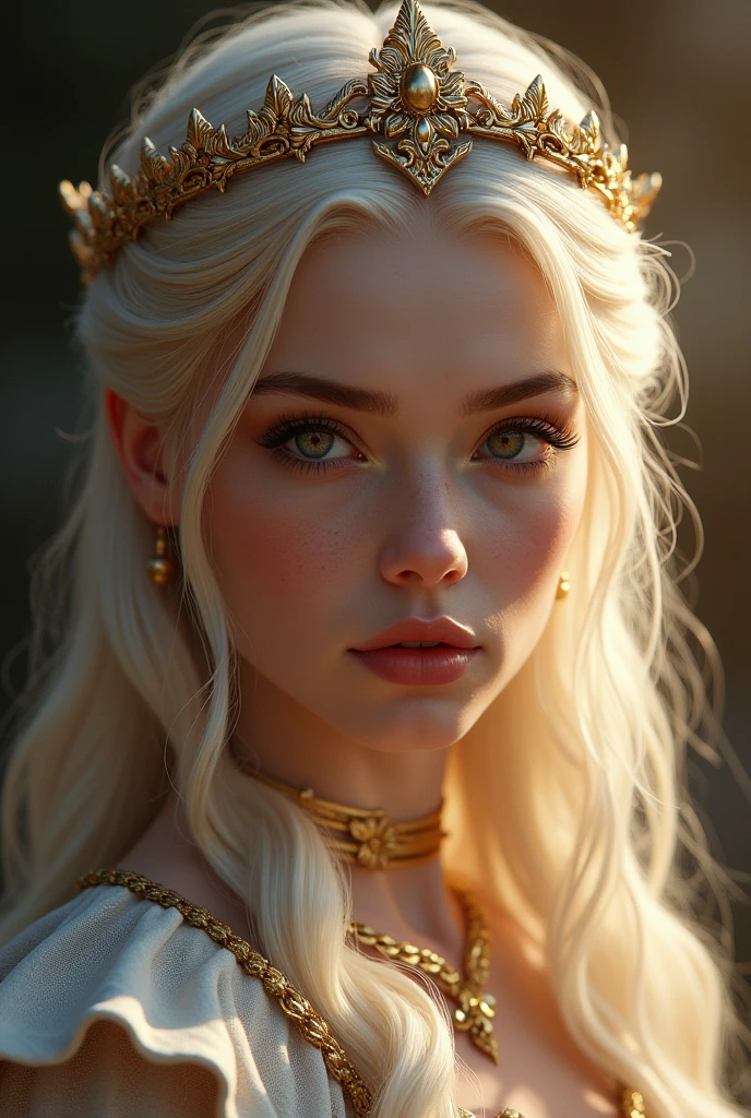 1girl, intricate, beautiful detailed eyes, beautiful detailed lips, extremely detailed face, long eyelashes, platinum blonde hair, crown, medieval fantasy dress, game of thrones character, (best quality, 4k, 8k, highres, masterpiece:1.2), ultra-detailed, (realistic, photorealistic, photo-realistic:1.37), digital painting, concept art, fantasy, warm colors, dramatic lighting