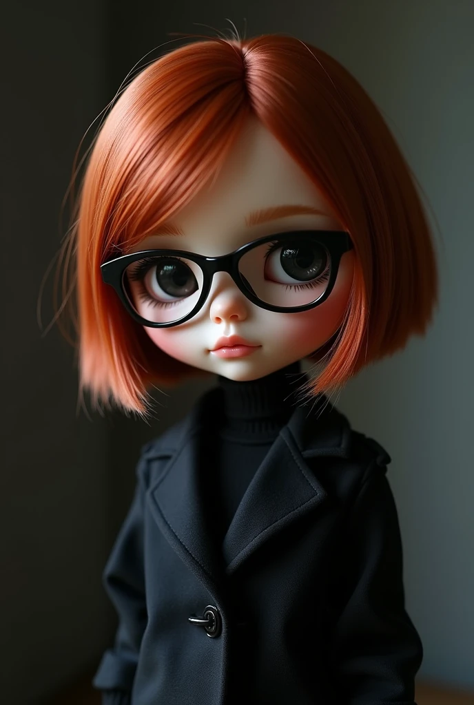 blythe doll, reddish copper hair, glasses, clothes are dark, black eyes, without fringe