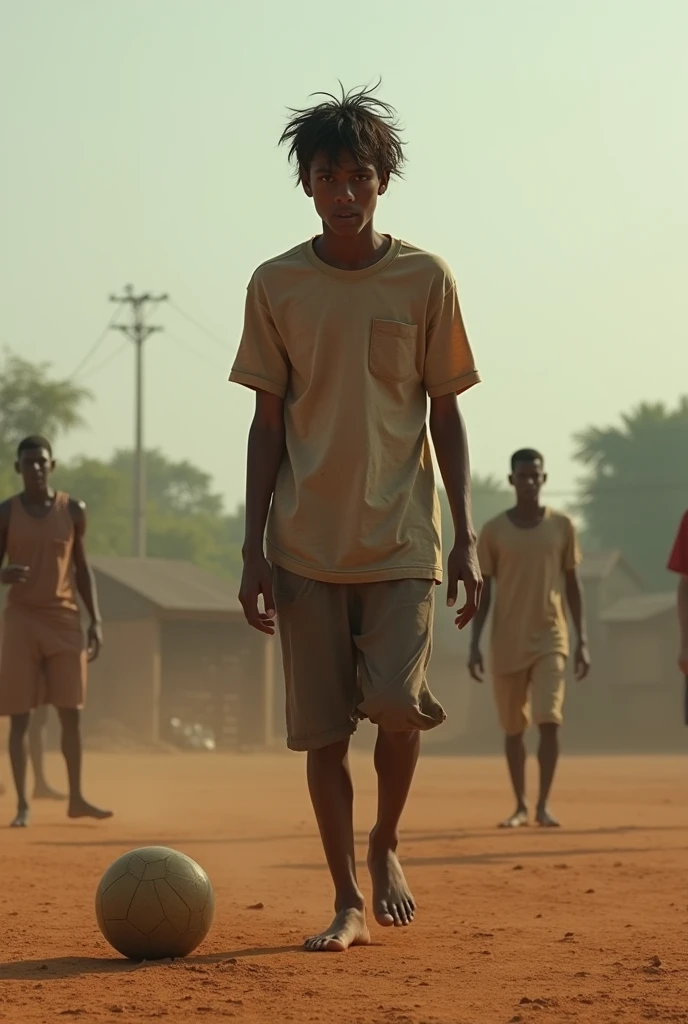 Suraj practicing football alone in an empty field. His clothes are worn, and his face shows signs of exhaustion, but his determination is clear. In the background, a few villagers are watching, some with skeptical expressions, while others whisper to each other, indicating doubt and mockery. Suraj, however, is completely absorbed in his practice, ignoring the negative attention.