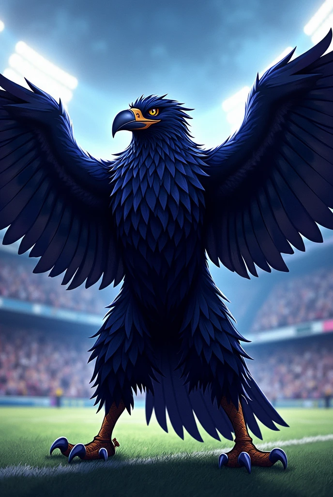 Imposing raven sports mascot with wings spread