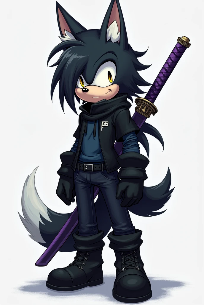 An anthropomorphic Sonic-style wolf with long, short black hair covering the left side of his eye a little and with a slightly large ponytail., with big yellow eyes, with black cold weather blouse with dark blue shirt, black pants and black men&#39;s boots, with black gloves, and with a purple sheathed Katana on his back.
