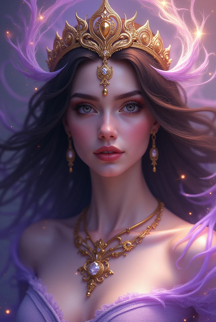 Goddess with crown, dark brown hair, dark brown eyes, White skin, golden and purple aura, close up ,  with magnetisms

