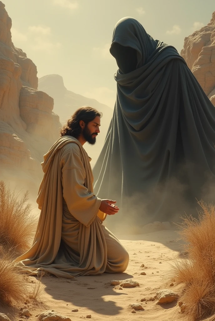 (photorealism:1.2), (8) Jesus praying in the desert, a black shadow nearby.(photo realism)