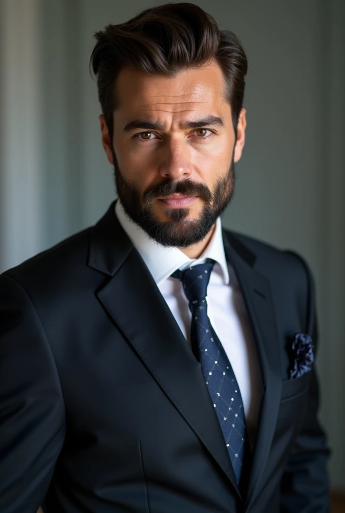 attractive 30 year old man in Hugo Boss suit , Beautiful beard , Executive Sexy Man, Then the suit, Front camera focus, fashion portrait, right in front of the camera