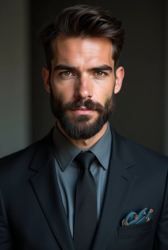 attractive 30 year old man in Hugo Boss suit , Beautiful beard , Executive Sexy Man, Then the suit, Front camera focus, fashion portrait, right in front of the camera