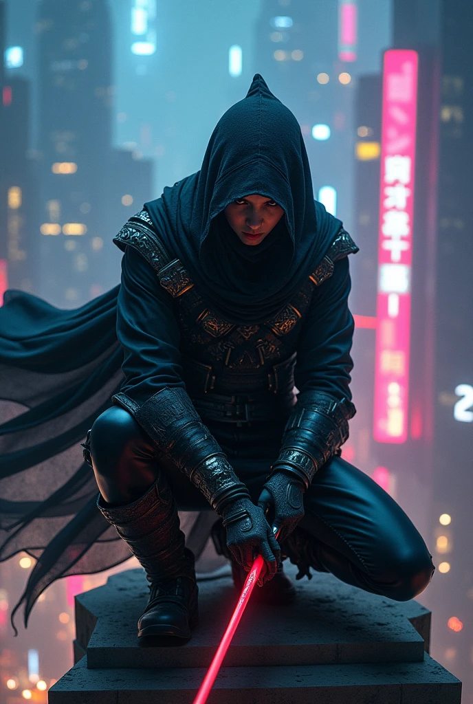 ssasin, A closeup of fantastical image of a assasin false glory, darkness of night fall, Their filled with power and determination, clad in flowing, flowing scarf, wielding an scarf ornate, scarf ornate, as they wield the scarf n a fluid, sword carried behind the body, squatting on top of the building at the end of the clock tower like an assassin, sitting squatting pose, hands touch the ground, squatting all four, action pose, clock tower, from behind view, cyberpunk city, neon city, skindentation, glowing, shiny, scifi, neon lights, intricate artistic color, cinematic light, radiant, vibrant, perfect symmetry, Grayscale, Dramatic spotlight, highly color focused, dynamic motion, very dark,