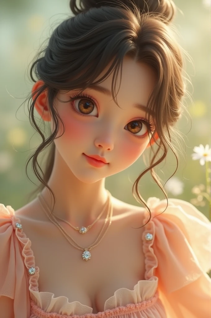 Create a video of a cute girl wearing small dress and three layer pendent in nack