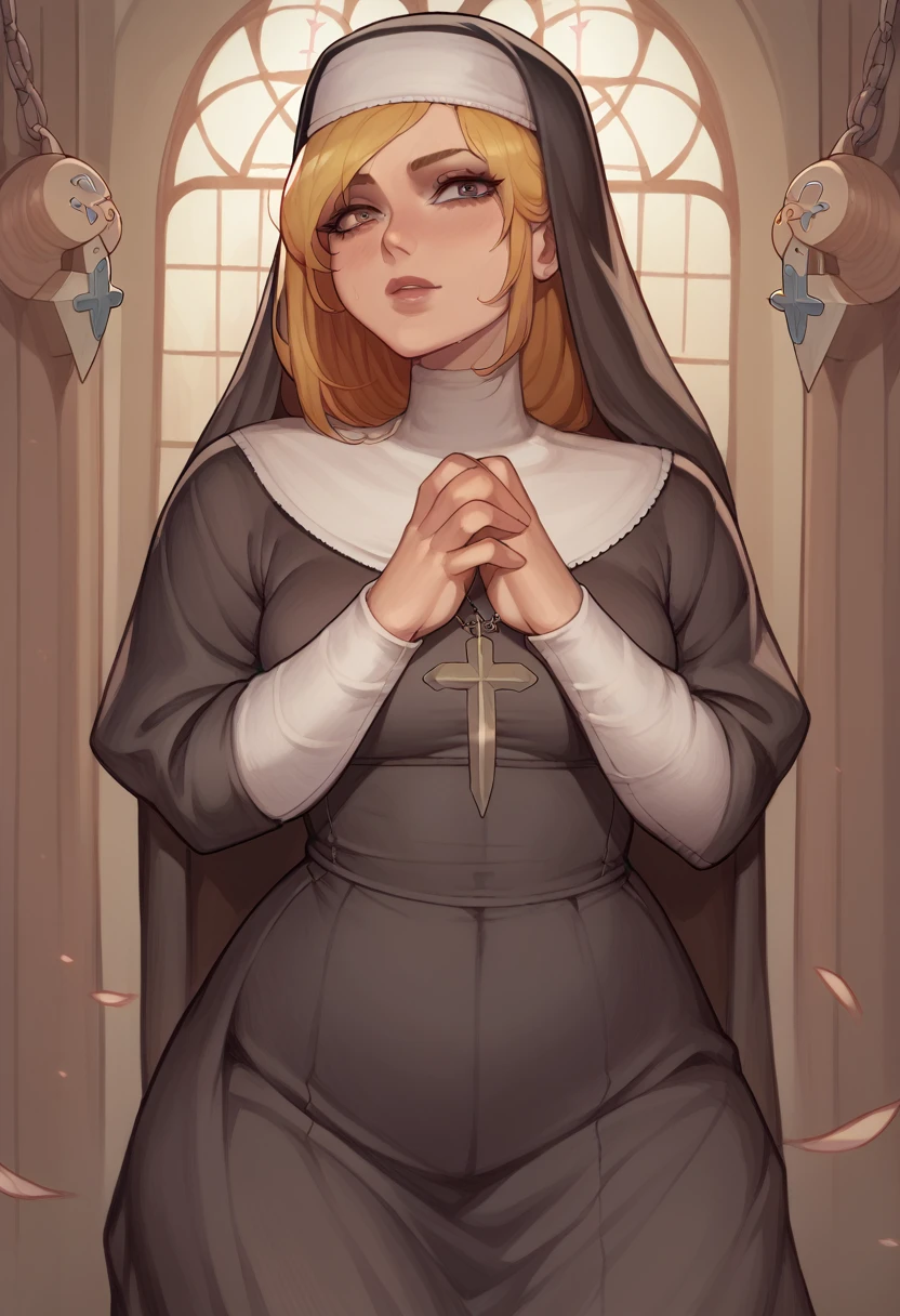 girl, nun, visual novel character, black sexy overcoat, golden details, gothic theme, medieval,