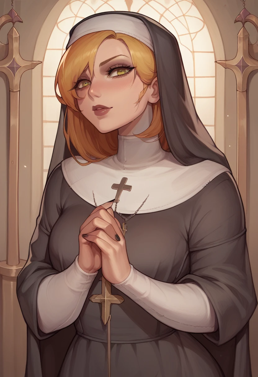 girl, nun, visual novel character, black sexy overcoat, golden details, gothic theme, medieval,