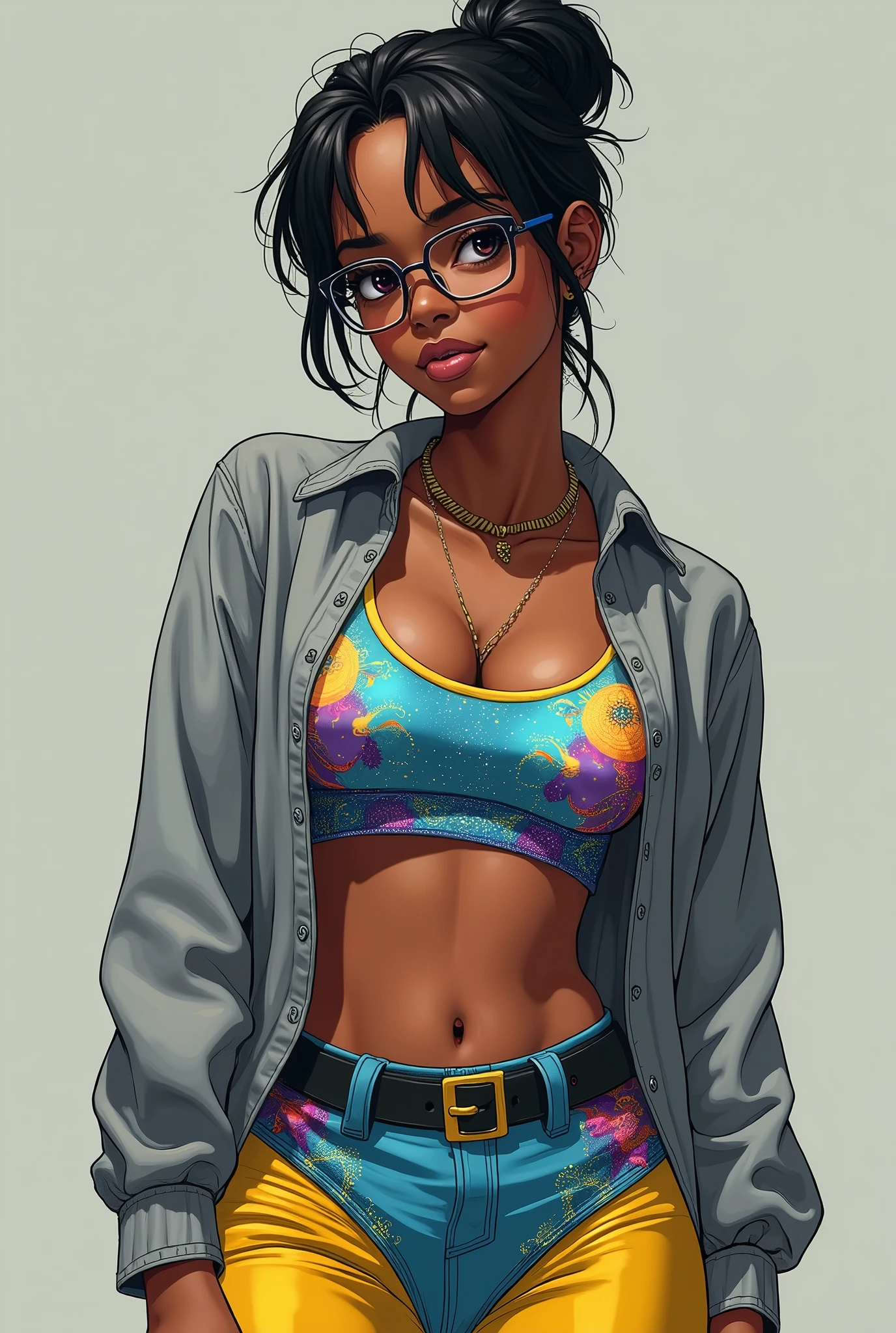 1girl dark skin, small breasts, wears thick-framed glasses that highlight her facial features, with short hair, ponytail and gray, silver shirt, Underneath the shirt she wears another tight sports bra, with details in vibrant colors reminiscent of the stars and planets of outer space, and a Bluish- yellow bloomers, high-top boots with non-slip soles,