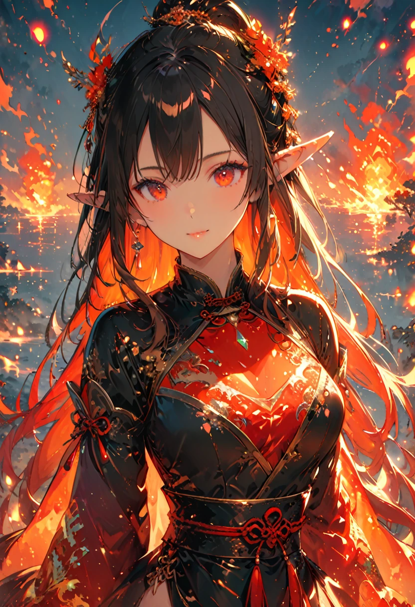 ((half body Portrait of a fire elf)), red flowing hair, shiny red eyes,( medium length pointy ears),orange fire around, flaming theme, burning atmosphere, (detailed sexy Chinese style costume:1.2), red glowing tattoos, orange crystal jewelry, light smile, mature body, colorful ,by Mappa studios,masterpiece,best quality,official art,illustration,ligne claire,(cool_color),perfect composition,absurdres, fantasy,focused,rule of third, close up portrait 