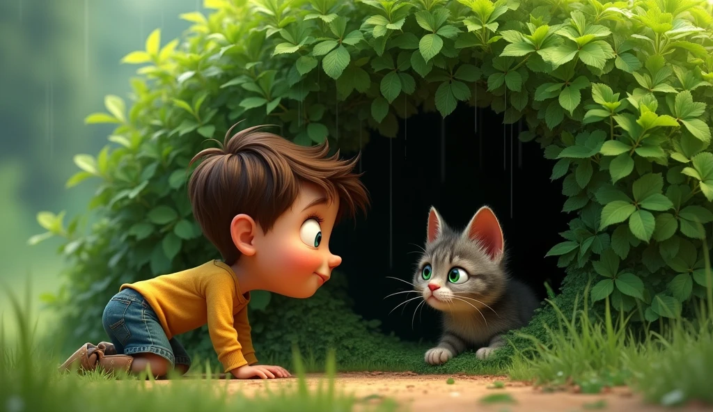 “Sam is standing by a green bush, looking curious. He is bent over, peeking inside, and finds a tiny, scruffy cat with big green eyes. The cat is wet from the rain and looks cold and hungry, with a hopeful expression.”