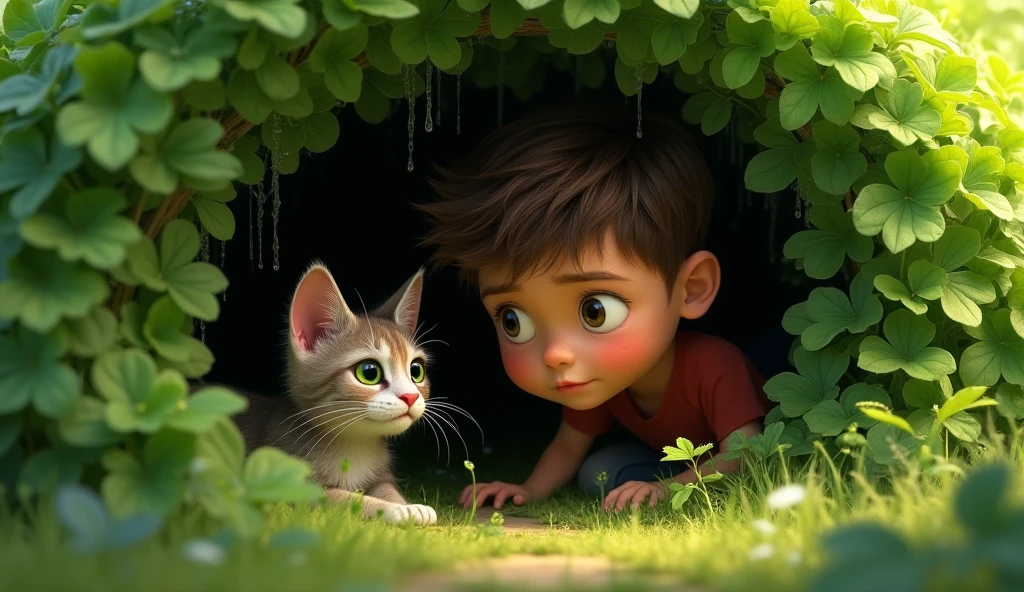 “Sam is standing by a green bush, looking curious. He is bent over, peeking inside, and finds a tiny, scruffy cat with big green eyes. The cat is wet from the rain and looks cold and hungry, with a hopeful expression.”