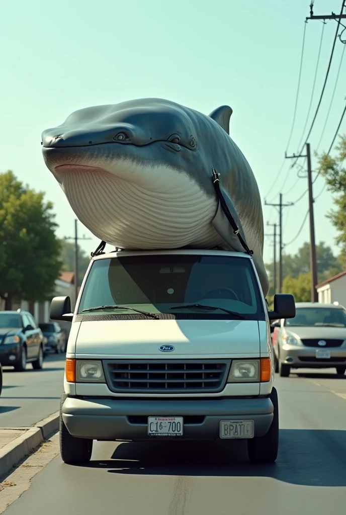 Photorealistic image of a disembodied whale head strapped to the top of a mini-van