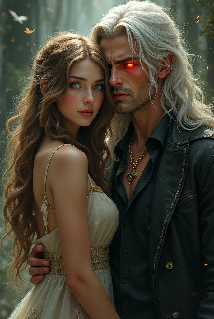 A woman with long wavy light brown hair and green eyes stands next to a man with silver hair and red eyes.