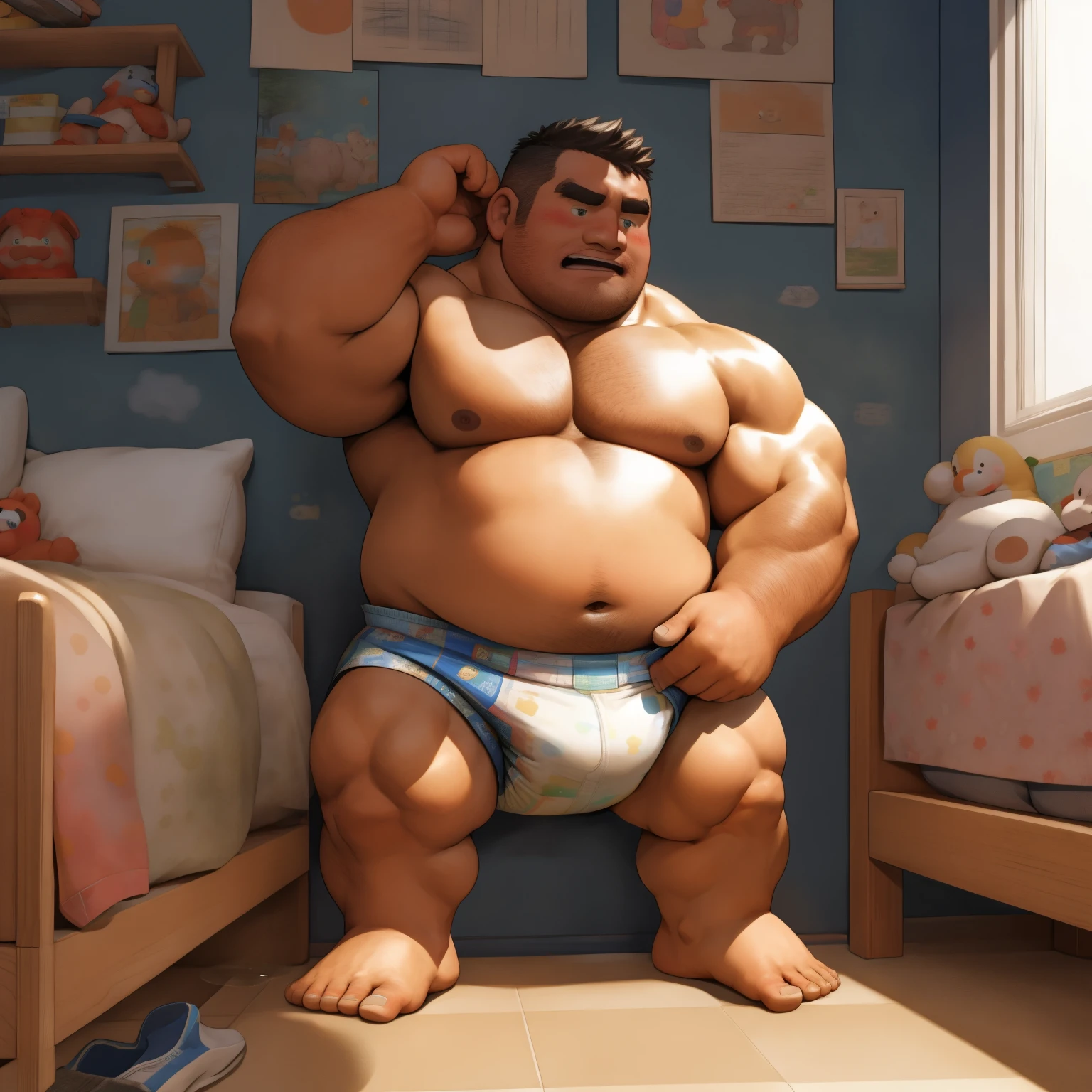 masterpiece, Top quality, in 32K, perfect anatomy, hyper detailed, super fine illustration, The thick man is a brutal prisoner, retarded, hairy, human, 50yo in japan, (fatness: 1.0), Fatty muscle, Bowleg, disappointment, incontinent, be diaper check by children, There is a small puddle under him, Naked, short legs, Bowleg, spread legs, wear a White cloth Diaper, Bare belly, Bare legs, Bare foots, Bare soles, Shirtless, wide forehead and short thinning hair, Man with round face with stubble, Bare foots, Bare soles, shy, sissy, Weaker than children, Drool, Round face, He enters nursery school and is despised by children, He is made to stand attention in the corner of the playroom, corner time, He surrounded by children, Bare foots, big butt, White Diaper, sobbing, There is a small puddle under him