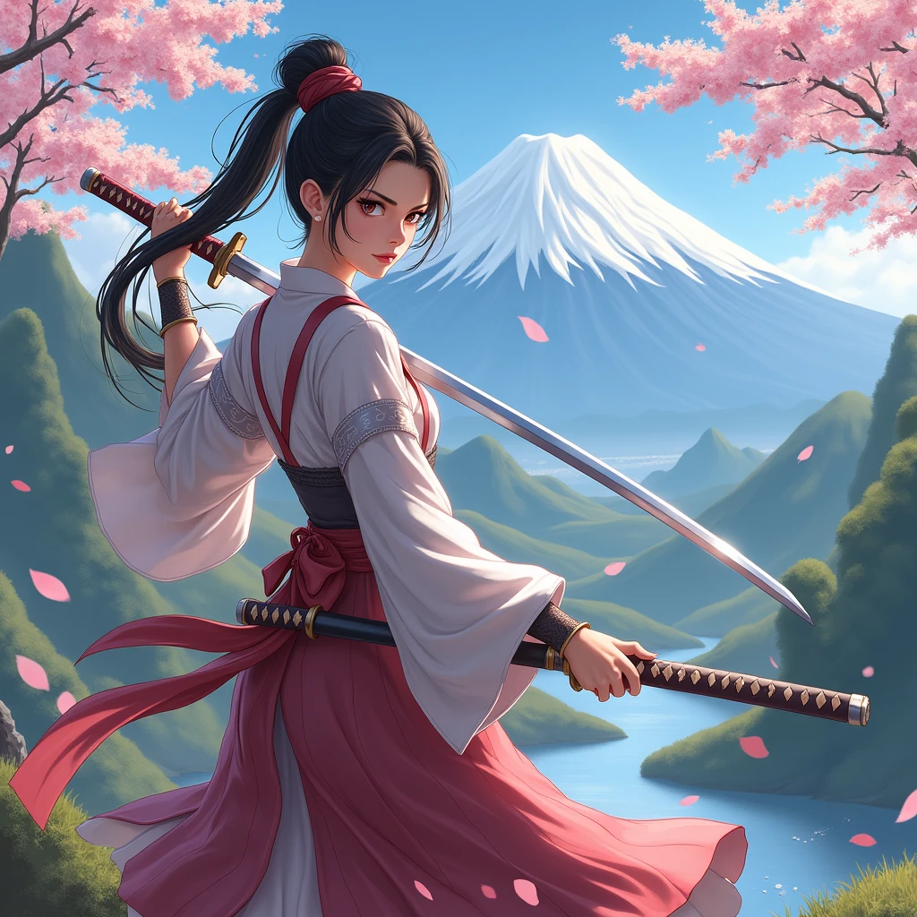Princess with a katana in a Japanese landscape