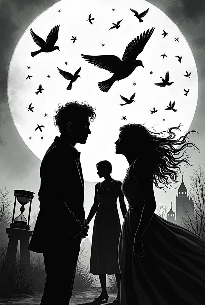 Drawing that represents Chronicles of a Death Foretold in black and white and that shows the doves and the hourglass and the death of Santiago Nasar and the love of Angela Vicario and Bayardo San Roman(only the outline of the drawing)
Outline of the drawing