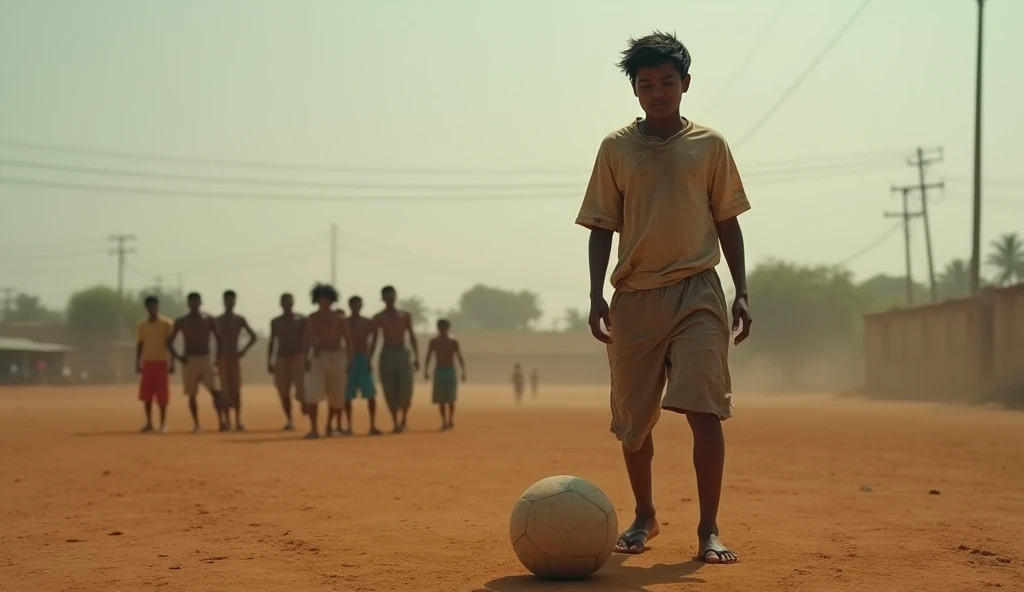 Suraj practicing football alone in an empty field. His clothes are worn, and his face shows signs of exhaustion, but his determination is clear. In the background, a few villagers are watching, some with skeptical expressions, while others whisper to each other, indicating doubt and mockery. Suraj, however, is completely absorbed in his practice, ignoring the negative attention.