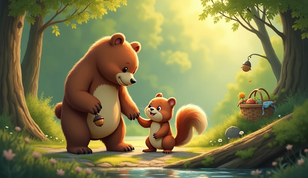 "From that day on, Bear and Squirrel looked out for each other, sharing the joys of their forest home and learning from one another."
Image: Bear and Squirrel enjoying various activities together, like exploring the forest or having a picnic