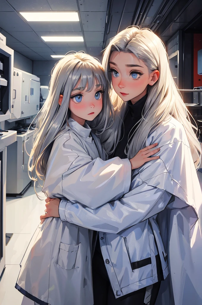 bege and white clothing, futuristic, inside a bunker, two females hug, the taller one is a female with silver hair and silver eyes, the small one (child) is a female child with blonde hair and blue eyes.