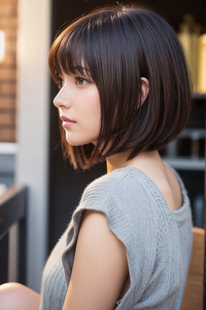 Dark brown short bob with bangs,From the side,Sitting,sexy