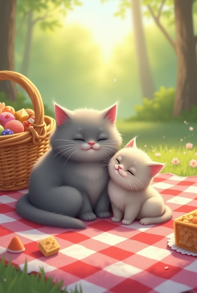A gray chubby cat and a small kitten sitting on a checkered picnic blanket, surrounded by treats and enjoying a sunny day.