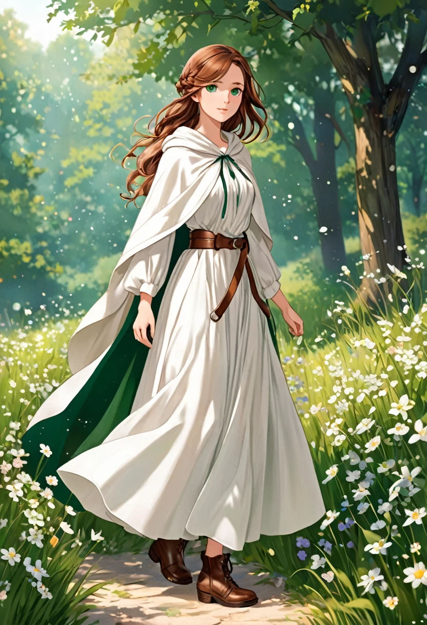 She has long, wavy chestnut hair tied into a loose braid adorned with small, delicate flowers, emerald green eyes that sparkle with curiosity, and wears a simple yet elegant white linen dress with a fitted bodice and flowing skirt, cinched at the waist with a brown leather belt, paired with practical ankle boots and a light, hooded cloak for versatility.
