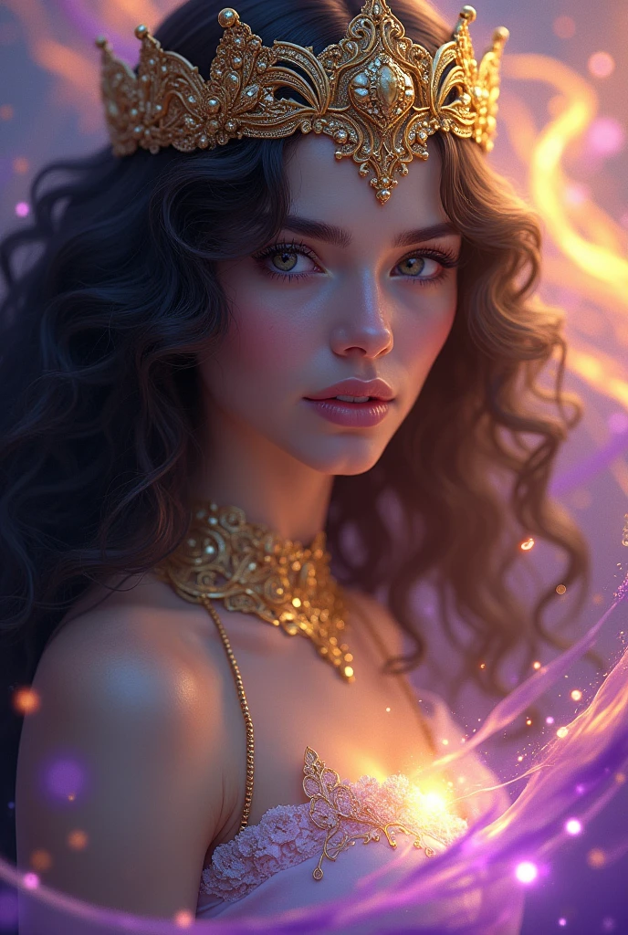 Goddess with crown, dark brown hair, dark brown eyes, White skin, golden and purple aura, close up , with magnetisms