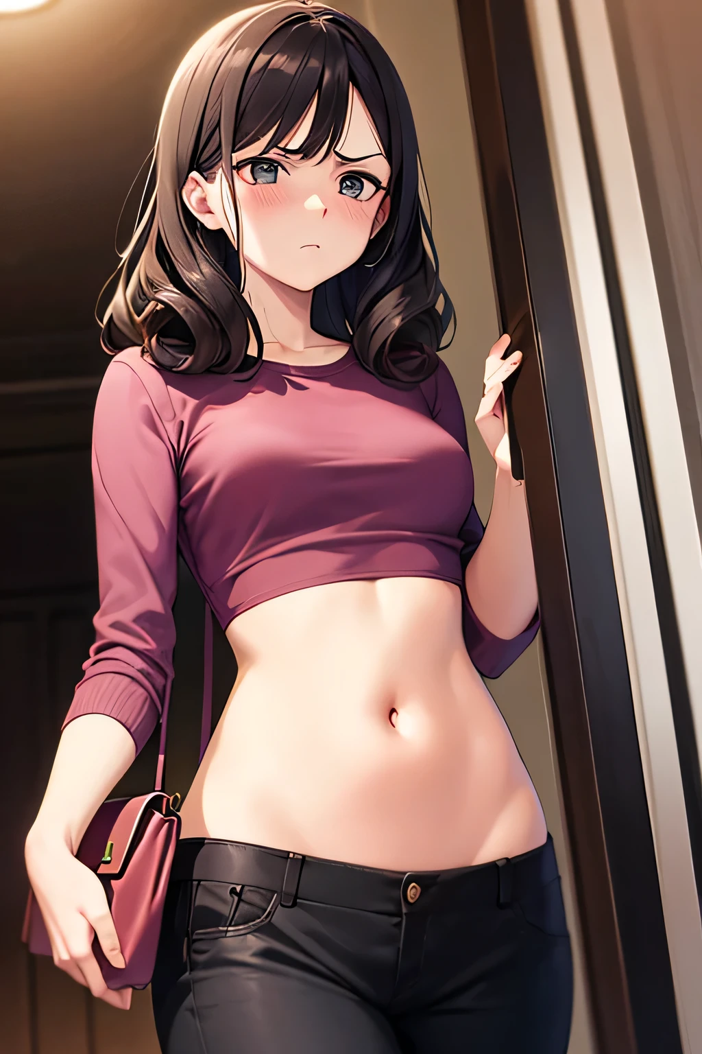 super fine illustration, vibrant colors, masterpiece, sharp focus, best quality, depth of field, cinematic lighting, ultra detailed, crop top , long sleeves, slim pants, navel,  tummy, 1 woman, solo, milf, slender, blush, annoyed, mature female, tall woman, looking down, dark hair, carrying handbag, long hair, annoyed, leaning back, curly hair, pink shirt, stomach, small breasts, indoors, simple background