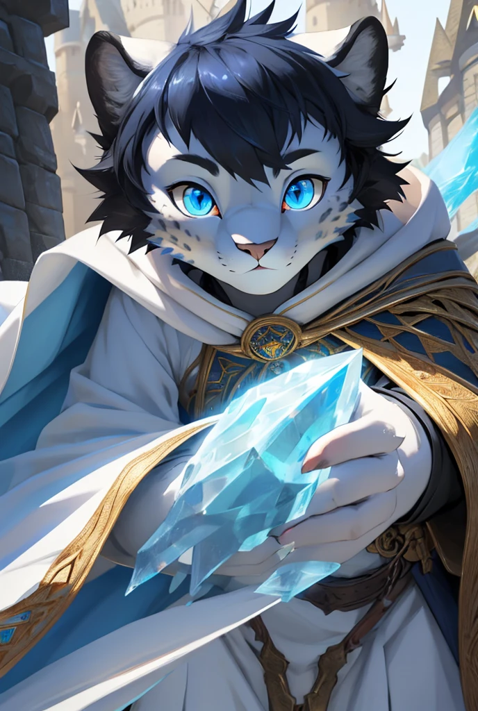 personal, High resolution, Full body image with high detail, high quality, Ultra HD, subjective perspective, snow leopard, boy body shape, Dark black blue very short hair, Ice blue mixed with gold eyes, light blue white fur, White Mage Short Cloak, Dark blue tights, Brave World Castle Background
