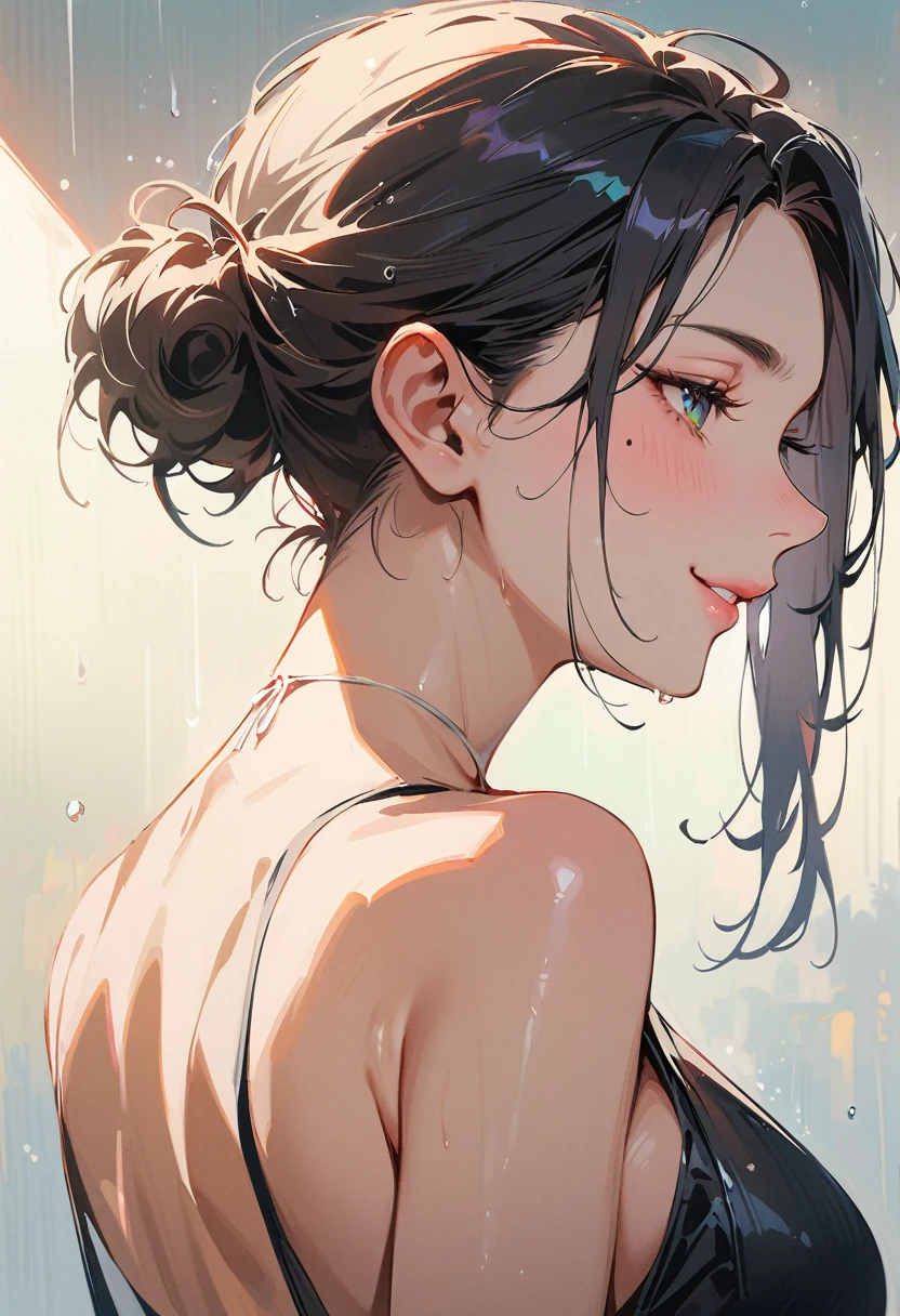 (masterpiece, best quality:1.4), 1 girl, 独奏, Heterochromia, Delicate pupils, Blurred eyes, Close your left eye, Smile, Profile,Tilt your head back 45 degrees, Right tear mole, (Black hair:1.2), Shiny hairstyle, large breasts, Mini Girls, Backlight, Rainy Day, Black sexy evening dress, Works by top portrait painters, Black and white gradient background.