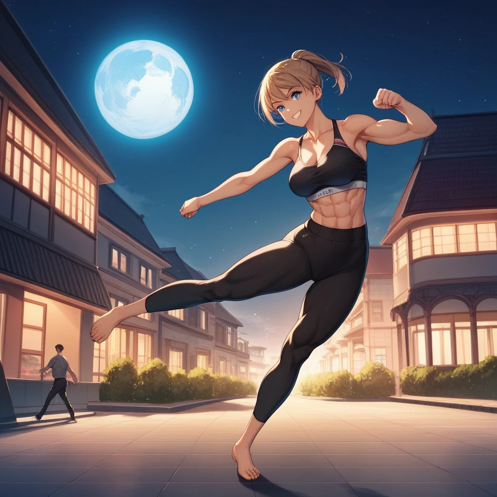 (masterpiece), woman, short hair, Ponytail Hair (Highest quality), Super Resolution, Very detailed, Perfect lighting, Athletic build, Strong and muscular, Large and firm breasts, Black Yoga Pants, Wearing a black top, Black leggings, Facial happiness, womanに焦点を当てる, Preparing for battle, blue eyes, smile, barefoot, Manhattan at night, Combat Ready, moon, Roundhouse kick