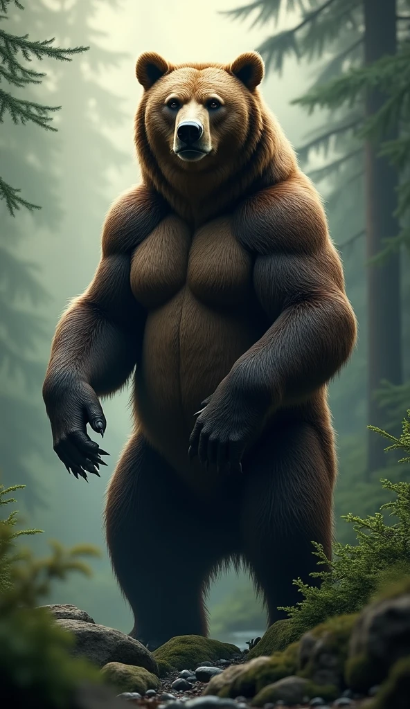 Ultrarealistic 8k Image, "A Grizzly Bear standing on its hind legs, in a majestic pose, looking directly at the camera with a powerful and serene expression. Ao fundo, a dense forest with soft sunlight penetrating between the trees, creating an atmosphere of mystery and strength. The image exudes confidence and a sense of inner power.."