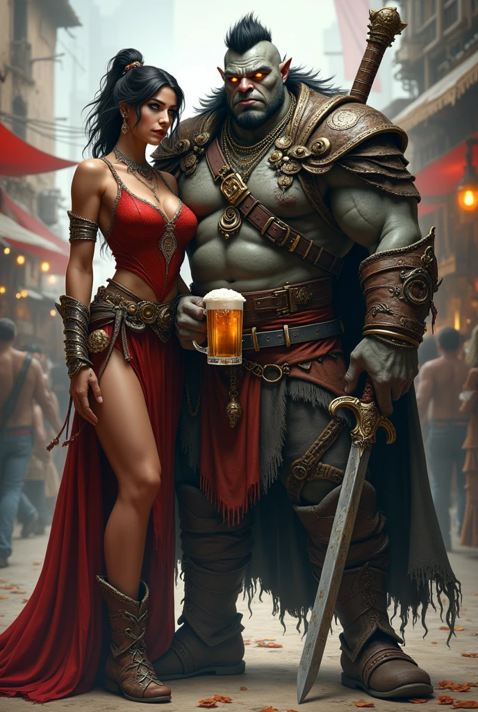 A tall, strong, gray orc bard with stylish hair and a mug of beer in his hand with a guitar on his back and a long sword in his hand next to a beautiful woman