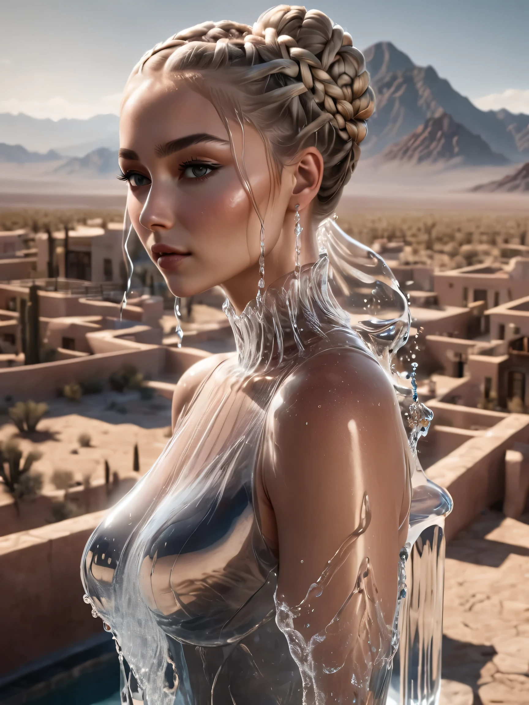 breathtaking beautiful woman wearing a (water dress) Arching in New Vegas, Crane Shot, from above, [full body],
Braided Bun,
Ash Blonde hair, . award-winning, professional, highly detailed