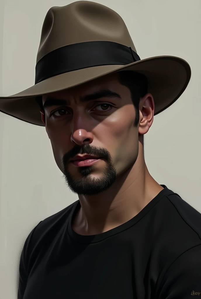Drawing of a man with a square face, goatee and sideways smile. He is wearing a black shirt and a Panama hat covering his eyes with his head down.