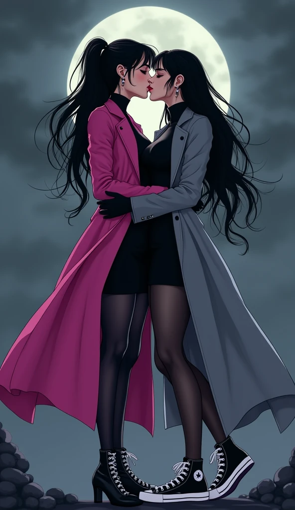 Two young womens, long black hairs, yuri, vampire hunters, lesbian
The first young women black eyes wear a pink long coat, black shirt, black pencil skirt, black underpants, black tights, black gloves, white socks, white sneakers high top.
The second young women black eyes wore a grey long coat, black shirt, black pencil skirt, black underpants, black tights, black gloves, white socks, white sneakers high top.
hugging kiss, french kiss, lesbian kiss, kissing, closed eyes, black grey sky, night sky, cartoon novel, 4K, HD
