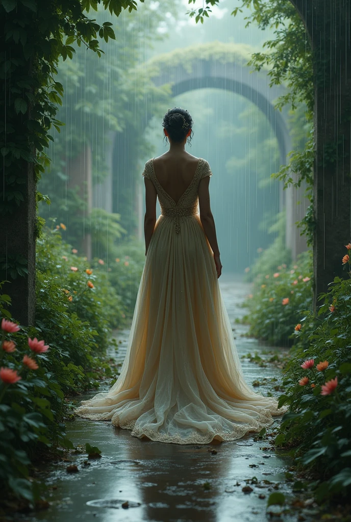 Queen walking with her back turned in the rain in the garden
