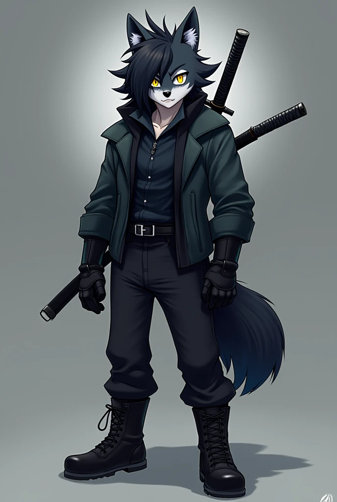 An anthropomorphic Sonic-style wolf with long, short black hair covering the left side of his eye a little and with a slightly large ponytail., with big yellow eyes, white cheek, with black cold weather blouse with dark blue shirt, black pants and black men's boots, with black gloves, and with a purple sheathed Katana on his back.