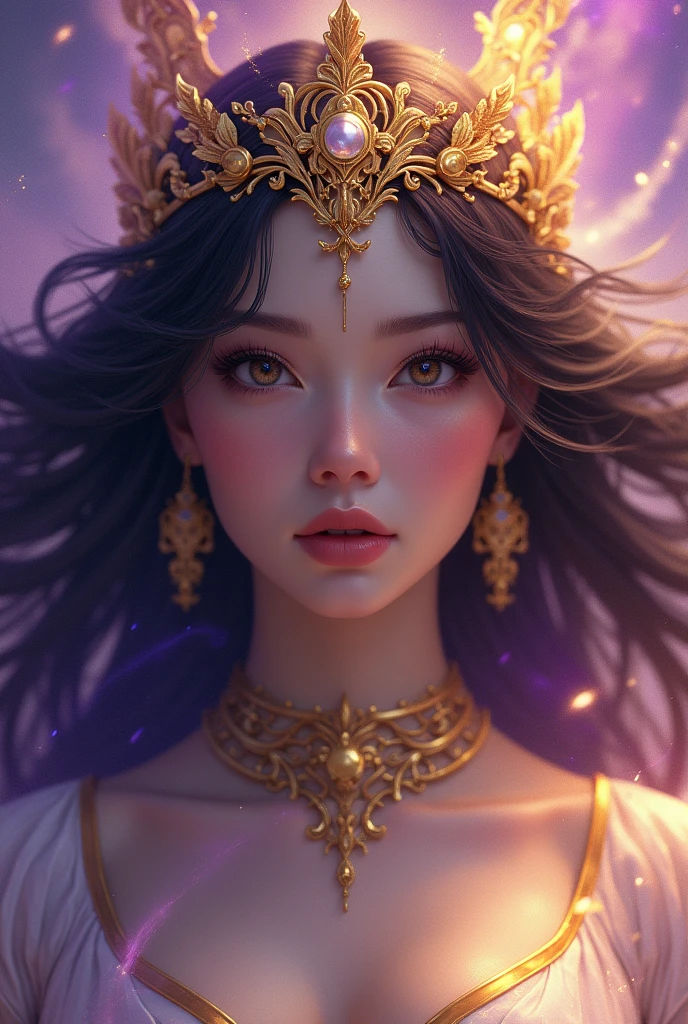 tmasterpiece, Highest high resolution,High-quality content, 8K quality photos with excellent detail, Perfect for presenting dynamic busts of 1 noble maidens, Do not appear on the hands,Delicate curves, bend your hair、Creates gorgeous and intricate fabric textures, Plain purple eyes, Delicate floral decoration, Sparkling Crystal Jewelry, Very focused and subtle details。