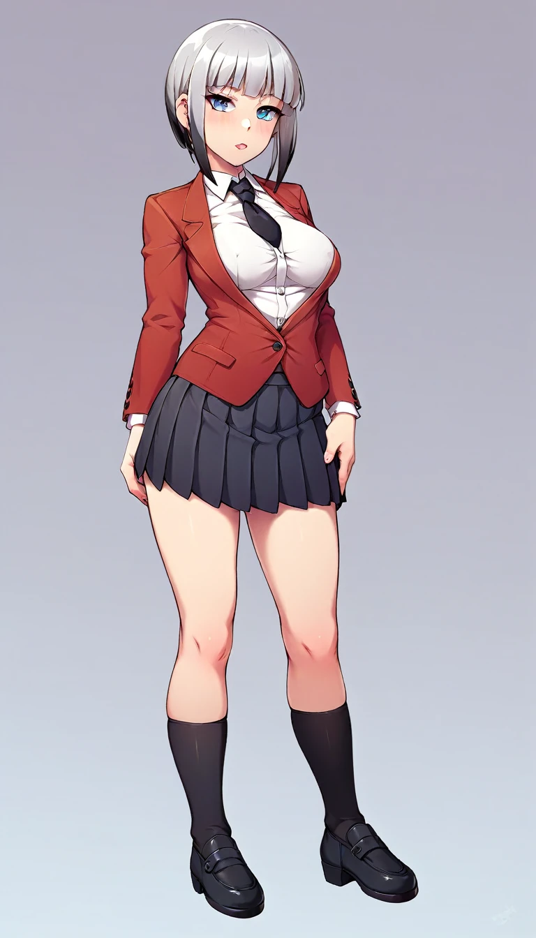 Create a realistic image of Kirari Momobami from Kakegurui as an adult, shown in a full-body view. She has her signature long, silver hair and striking blue eyes. Her physique is curvy, with medium-sized breasts, thick thighs, and well-defined curves. She is wearing her usual Hyakkaou Private Academy uniform, which includes a red blazer with black trim, a white button-up shirt, a black pleated skirt, and black knee-high socks. The overall tone of the image should maintain the elegant and commanding essence of the character while rendering her in a more realistic and detailed style. Ensure her facial features and overall appearance are clearly recognizable as Kirari Momobami, full body portrait, elegant, intricate details, detailed background, cinematic lighting, dramatic colors, photorealistic, 8k, best quality, masterpiece, highly detailed, ultra-detailed, vivid colors, perfect lighting, professional photography