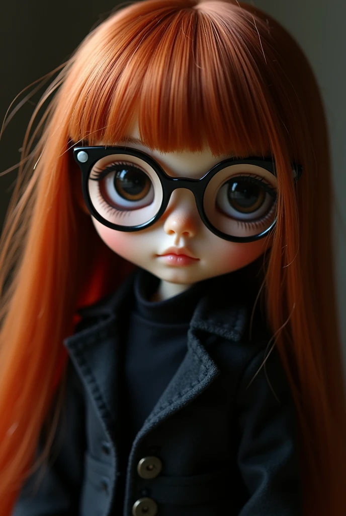 blythe doll, reddish copper hair, glasses, clothes are dark, black eyes, without fringe, straight hair, without fringe