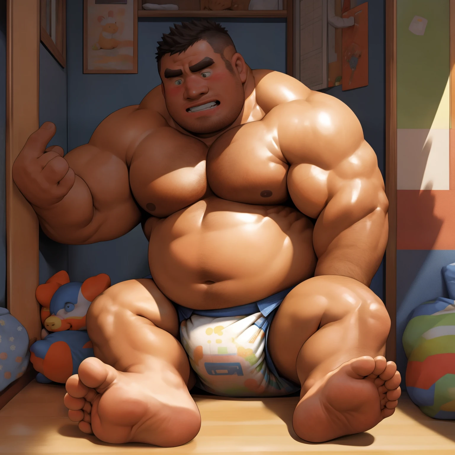 masterpiece, Top quality, in 32K, perfect anatomy, hyper detailed, super fine illustration, The thick man is a brutal prisoner, retarded, hairy, human, 50yo in japan, (fatness: 1.0), Fatty muscle, Bowleg, disappointment, incontinent, be diaper check by children, There is a small puddle under him, Naked, short legs, Bowleg, spread legs, wear a White cloth Diaper, Bare belly, Bare legs, Bare foots, Bare soles, Shirtless, wide forehead and short thinning hair, Man with round face with stubble, Bare foots, Bare soles, shy, sissy, Weaker than children, Drool, Round face, He enters nursery school and is despised by children, He is made to stand attention in the corner of the playroom, corner time, He surrounded by children, Bare foots, big butt, White Diaper, sobbing, There is a small puddle under him