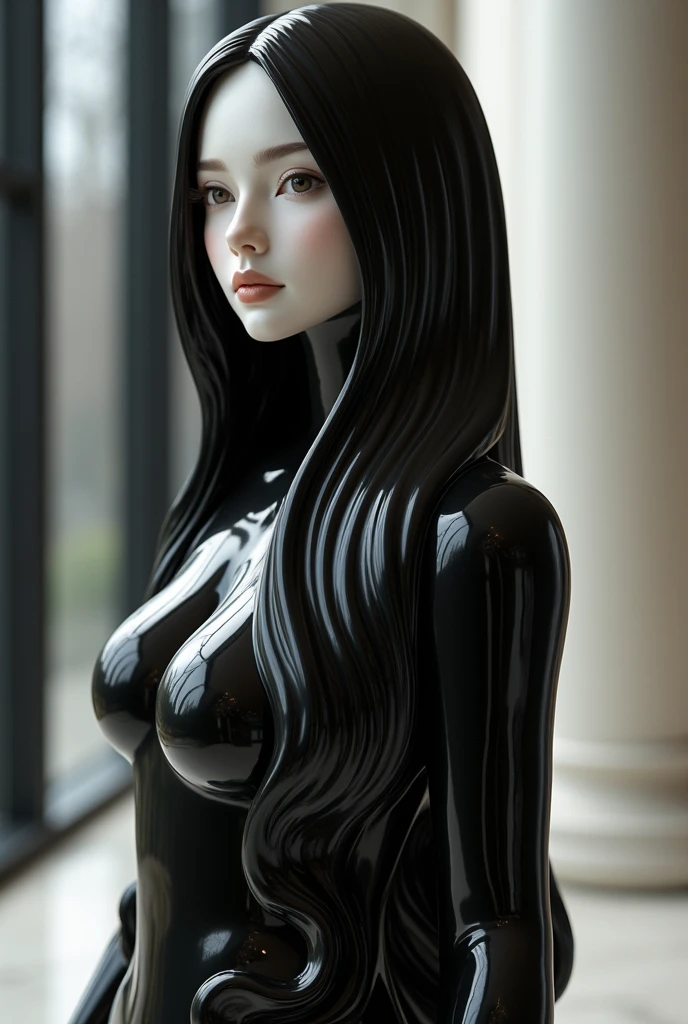Sexy girl with long straight hair turned into black with white bits statue